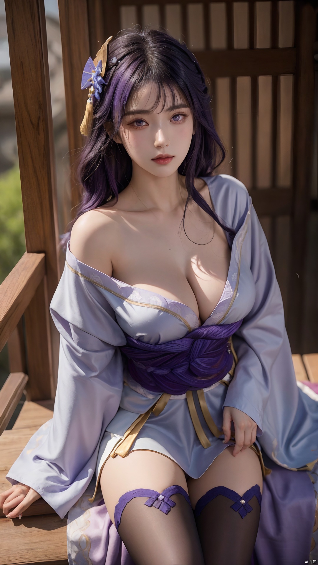  1girl,(cleavage), solo, long hair, breasts, looking at viewer, bangs, large breasts, hair ornament, thighhighs, long sleeves, ribbon, cleavage, closed mouth, purple eyes, purple hair, braid, flower, japanese clothes, black thighhighs, indoors, hair flower, wide sleeves, kimono, mole, lips, sash, mole under eye, obi, tassel, purple flower, shrug \(clothing\), purple kimono, obijime, obiage, raiden shogun, raidenshogundef,,,,,,,,,,,,,sexy,ray tracing,{best quality}, {{masterpiece}}, {highres}, original, extremely detailed 8K wallpaper, {an extremely delicate and beautiful},,incredibly_absurdres,colorful,intricate detail,backlight,lens flare,foreshortening,dynamic angle,high saturation,, Light master,