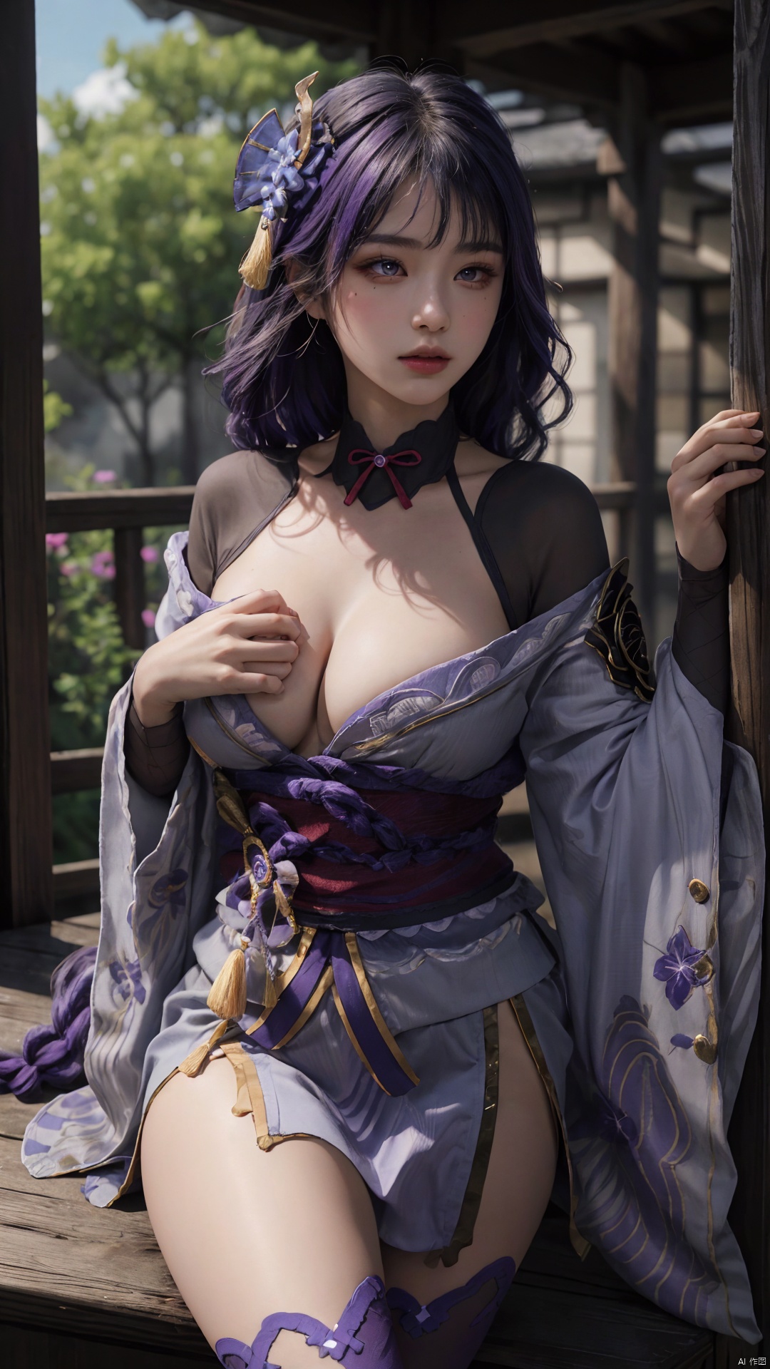 1girl,(cleavage), solo, long hair, breasts, looking at viewer, bangs, large breasts, hair ornament, thighhighs, long sleeves, ribbon, cleavage, closed mouth, purple eyes, purple hair, braid, flower, japanese clothes, black thighhighs, indoors, hair flower, wide sleeves, kimono, mole, lips, sash, mole under eye, obi, tassel, purple flower, shrug \(clothing\), purple kimono, obijime, obiage, raiden shogun, raidenshogundef,,,,,,,,,,,,,sexy,ray tracing,{best quality}, {{masterpiece}}, {highres}, original, extremely detailed 8K wallpaper, {an extremely delicate and beautiful},,incredibly_absurdres,colorful,intricate detail,backlight,lens flare,foreshortening,dynamic angle,high saturation,, Light master,