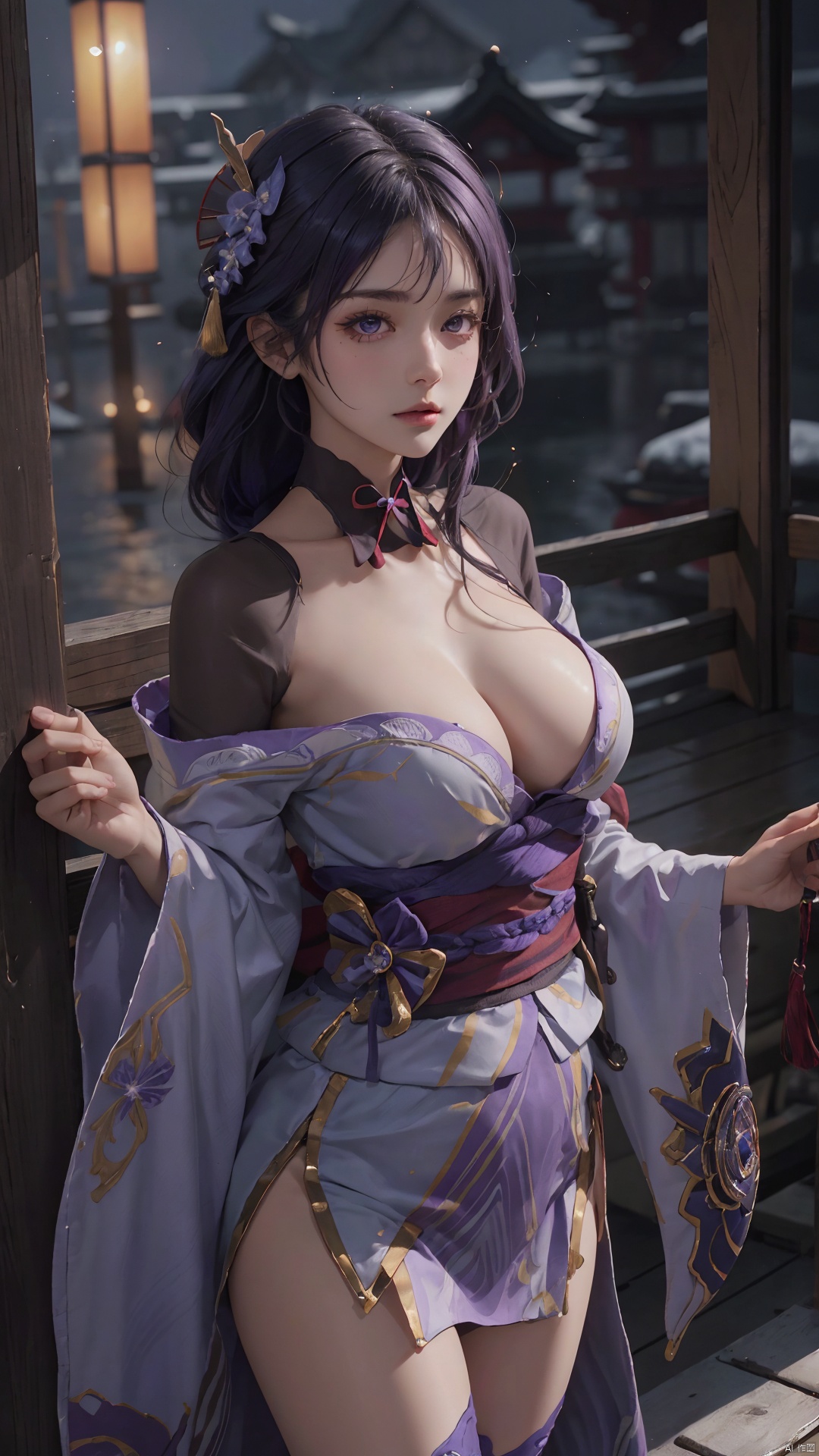  1girl,(cleavage), solo, long hair, breasts, looking at viewer, bangs, large breasts, hair ornament, thighhighs, long sleeves, ribbon, cleavage, closed mouth, purple eyes, purple hair, braid, flower, japanese clothes, black thighhighs, indoors, hair flower, wide sleeves, kimono, mole, lips, sash, mole under eye, obi, tassel, purple flower, shrug \(clothing\), purple kimono, obijime, obiage, raiden shogun, raidenshogundef,,,,,,,,,,,,,sexy,ray tracing,{best quality}, {{masterpiece}}, {highres}, original, extremely detailed 8K wallpaper, {an extremely delicate and beautiful},,incredibly_absurdres,colorful,intricate detail,backlight,lens flare,foreshortening,dynamic angle,high saturation,, Light master
