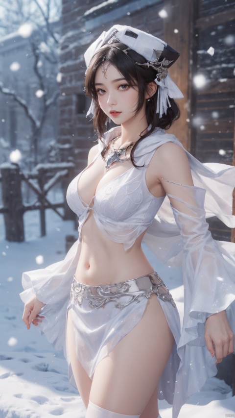 1girl,,head ornament,black stockings,,,,,,,ray tracing,{best quality}, {{masterpiece}}, {highres}, original, extremely detailed 8K wallpaper, {an extremely delicate and beautiful},,incredibly_absurdres,colorful,intricate detail,,,,,,,,,,,,,,snowflakes,falling_snow,snowing,shawl,white shawl,cleavage, ,,,,,,,,,,,,,, , , , , , ,WZRYyaoZMCLY, 1girl, solo, black hair, jewelry,midriff, black eyes, hat, lips, detached sleeves,necklace, looking at viewer,dress,clothing cutout,wide sleeves, looking at viewer, mature female, Honor of kings ,Xi shi