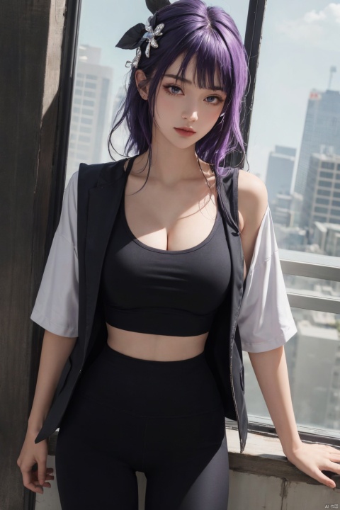  1girl,solo,yoga pants,black yoga pants, hair ornament,waistcoat,undershirt,cowboy shot,purple hair, (cleavage),,black T-shirt,(from front),,bare shoulder,,,,,,,,,,,,,,, ray tracing, {best quality}, {{masterpiece}}, {highres}, original, extremely detailed 8K wallpaper, {an extremely delicate and beautiful}, , incredibly_absurdres, colorful, intricate detail,T-shirt