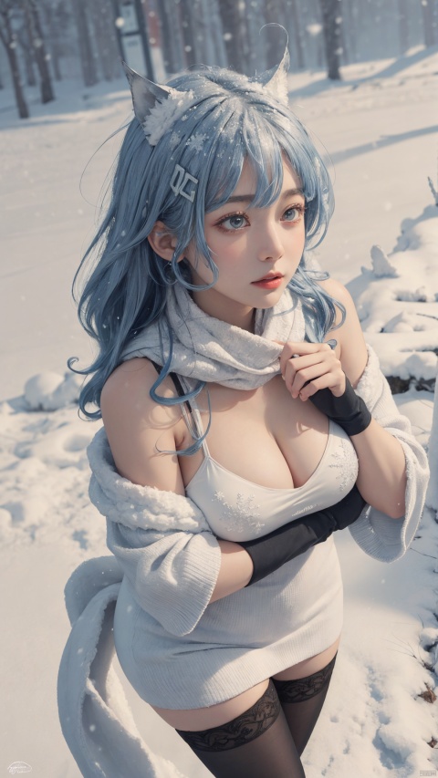 1girl,,head ornament,black stockings,,,,,,,ray tracing,{best quality}, {{masterpiece}}, {highres}, original, extremely detailed 8K wallpaper, {an extremely delicate and beautiful},,incredibly_absurdres,colorful,intricate detail,,,,,,,,,,,,,,snowflakes,falling_snow,snowing,shawl,white shawl,cleavage, ,,,,,,,,,,,,,, , , , 