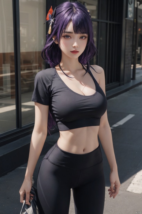  1girl,solo,yoga pants,black yoga pants, hair ornament,cowboy shot,purple hair, (cleavage),,grey T-shirt,(from front),,bare shoulder,,,navel,,,open bodysuit,,,,,,,,, ray tracing, {best quality}, {{masterpiece}}, {highres}, original, extremely detailed 8K wallpaper, {an extremely delicate and beautiful}, , incredibly_absurdres, colorful, intricate detail,T-shirt