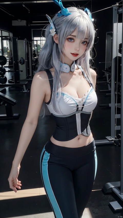  1girl,solo,yoga pants,black yoga pants, hair ornament,cowboy shot,hair, (cleavage),,(from front),,,,,navel,,,,gym,,corset,,,Fitness Room,,,,Pale blue horn,,,,,arms behind back,,,,,,,,,,,,,,, ray tracing, {best quality}, {{masterpiece}}, {highres}, original, extremely detailed 8K wallpaper, {an extremely delicate and beautiful}, , incredibly_absurdres, colorful, intricate detail,,,,,,,,,,,,,,,,,,,,, , blurry
