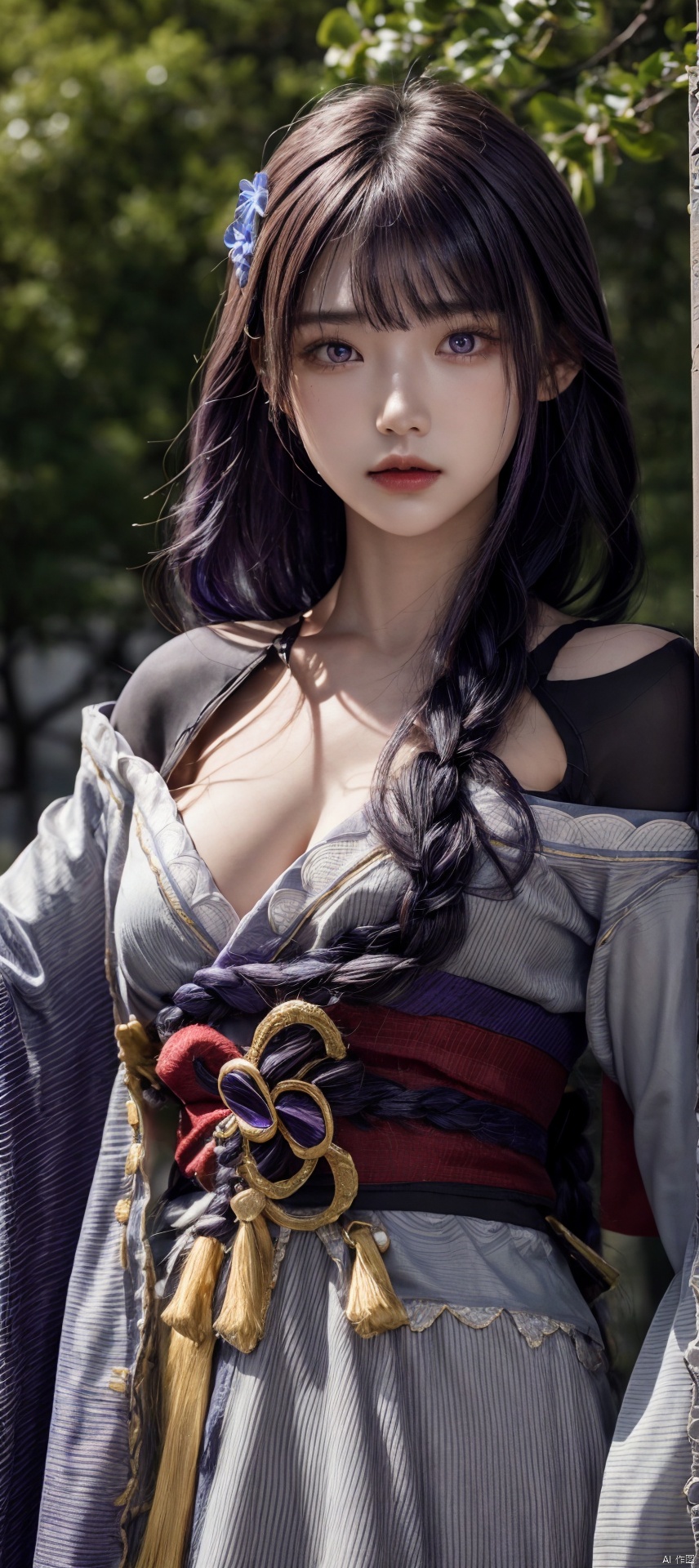  1girl,standing,upper_body,solo, long hair, looking at viewer, ,,,,long hair,purple hair,,,,,real,, Light master, ((poakl)), , ,raidenshogundef