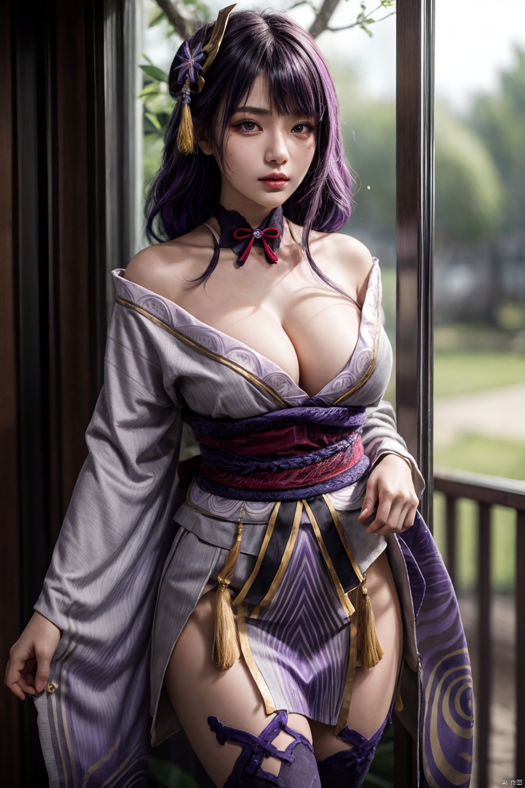  1girl, solo, long hair, breasts, looking at viewer, bangs, large breasts, hair ornament, thighhighs, long sleeves, ribbon, cleavage, closed mouth, purple eyes, purple hair, braid, flower, cowboy shot, japanese clothes, black thighhighs, indoors, hair flower, wide sleeves, kimono, mole, lips, sash, mole under eye, obi, tassel, purple flower, shrug \(clothing\), purple kimono, obijime, obiage, raiden shogun, raidenshogundef