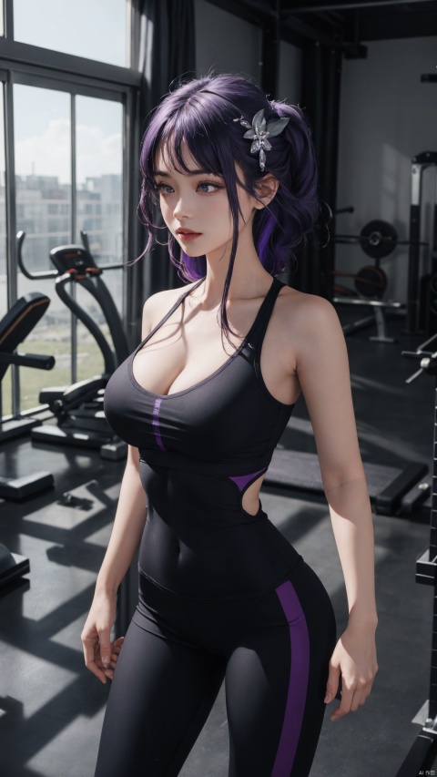  1girl,solo,yoga pants,black yoga pants, hair ornament,cowboy shot,purple hair, (cleavage),,(from front),,,,,navel,,,open bodysuit,,gym,,corset,,,Fitness Room,,,,,,,,,,,,,,,,,,,,,,,, ray tracing, {best quality}, {{masterpiece}}, {highres}, original, extremely detailed 8K wallpaper, {an extremely delicate and beautiful}, , incredibly_absurdres, colorful, intricate detail,