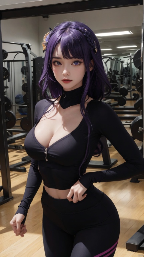  1girl,solo,yoga pants,black yoga pants, hair ornament,cowboy shot,purple hair, (cleavage),,(from front),,,,,navel,,,open bodysuit,,gym,,corset,,,Fitness Room,,,,,,,,,,,,,,,,,,,,,,,, ray tracing, {best quality}, {{masterpiece}}, {highres}, original, extremely detailed 8K wallpaper, {an extremely delicate and beautiful}, , incredibly_absurdres, colorful, intricate detail,