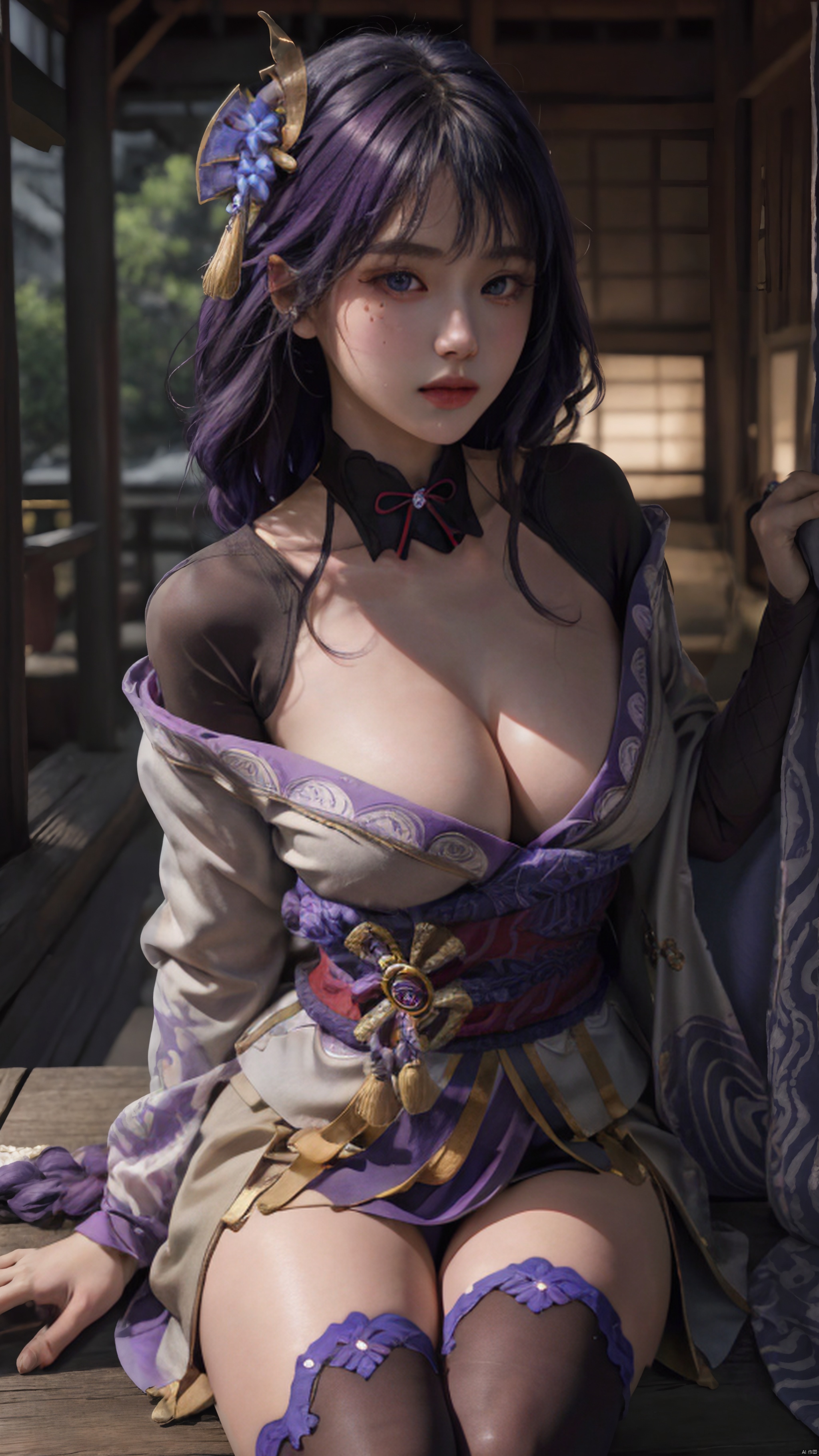  1girl,(cleavage), solo, long hair, breasts, looking at viewer, bangs, large breasts, hair ornament, thighhighs, long sleeves, ribbon, cleavage, closed mouth, purple eyes, purple hair, braid, flower, japanese clothes, black thighhighs, indoors, hair flower, wide sleeves, kimono, mole, lips, sash, mole under eye, obi, tassel, purple flower, shrug \(clothing\), purple kimono, obijime, obiage, raiden shogun, raidenshogundef,,,,,,,,,,,,,sexy,ray tracing,{best quality}, {{masterpiece}}, {highres}, original, extremely detailed 8K wallpaper, {an extremely delicate and beautiful},,incredibly_absurdres,colorful,intricate detail,backlight,lens flare,foreshortening,dynamic angle,high saturation,, Light master,