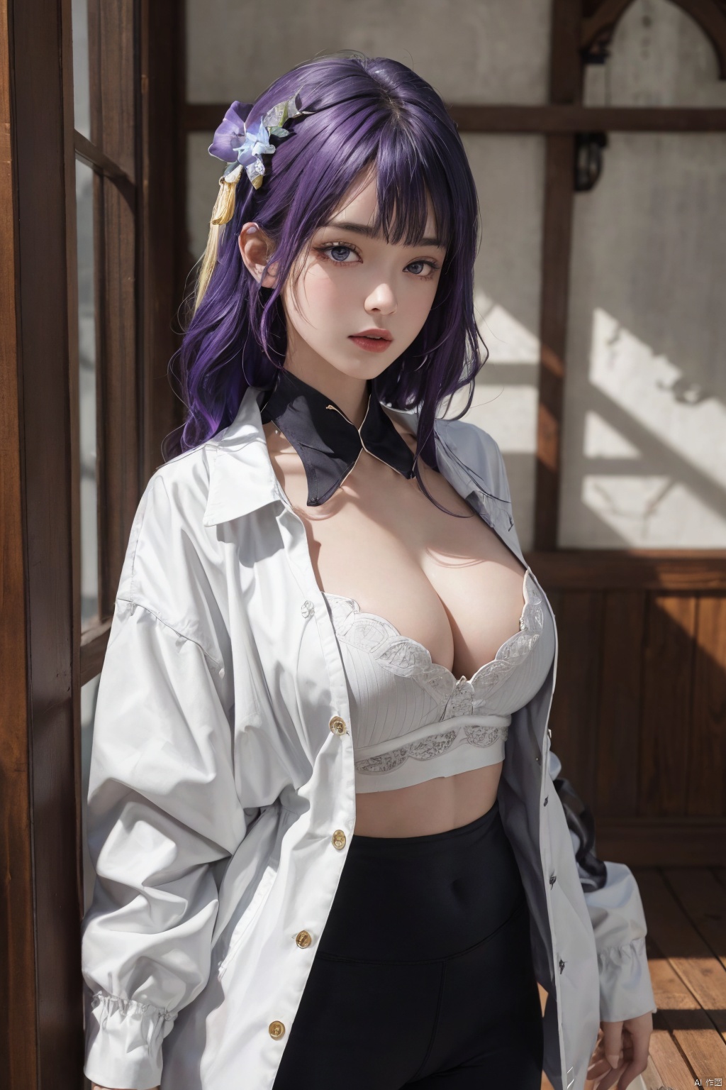 1girl,solo,yoga pants,black yoga black, hair ornament,waistcoat,undershirt,surcoat,white surcoat,cowboy shot,purple hair, (cleavage),,,,,,,,,,,,,,,,,,,, ray tracing, {best quality}, {{masterpiece}}, {highres}, original, extremely detailed 8K wallpaper, {an extremely delicate and beautiful}, , incredibly_absurdres, colorful, intricate detail,