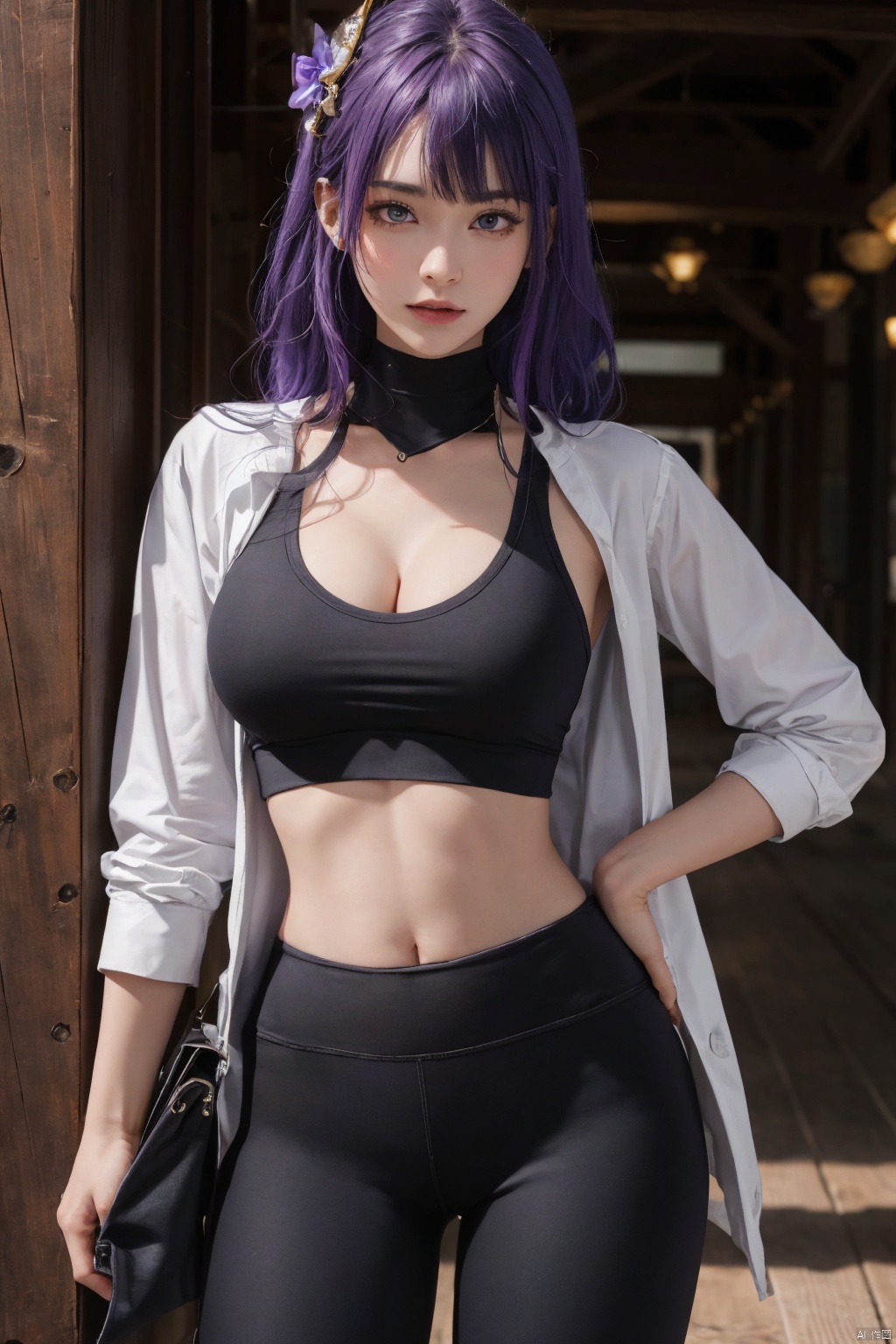 1girl,solo,yoga pants,black yoga black, hair ornament,waistcoat,undershirt,cowboy shot,purple hair, (cleavage),,,(from front),,,,,,,,,,,,,,,,, ray tracing, {best quality}, {{masterpiece}}, {highres}, original, extremely detailed 8K wallpaper, {an extremely delicate and beautiful}, , incredibly_absurdres, colorful, intricate detail,