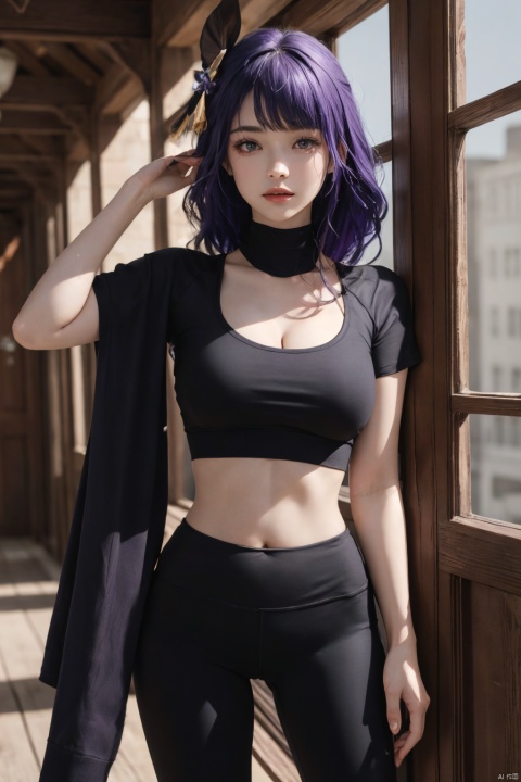  1girl,solo,yoga pants,black yoga pants, hair ornament,cowboy shot,purple hair, (cleavage),,T-shirt,(from front),,,,,navel,,,open bodysuit,,,,,,,,, ray tracing, {best quality}, {{masterpiece}}, {highres}, original, extremely detailed 8K wallpaper, {an extremely delicate and beautiful}, , incredibly_absurdres, colorful, intricate detail,