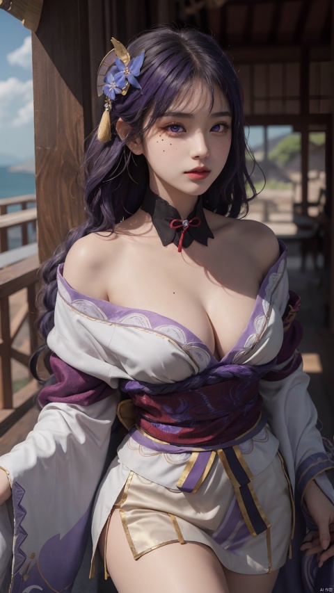  1girl,(cleavage), solo, long hair, breasts, looking at viewer, bangs, large breasts, hair ornament, thighhighs, long sleeves, ribbon, cleavage, closed mouth, purple eyes, purple hair, braid, flower, cowboy shot, japanese clothes, black thighhighs, indoors, hair flower, wide sleeves, kimono, mole, lips, sash, mole under eye, obi, tassel, purple flower, shrug \(clothing\), purple kimono, obijime, obiage, raiden shogun, raidenshogundef,,,,,,,,,,,,,sexy,ray tracing,{best quality}, {{masterpiece}}, {highres}, original, extremely detailed 8K wallpaper, {an extremely delicate and beautiful},,incredibly_absurdres,colorful,intricate detail,backlight,lens flare,foreshortening,dynamic angle,high saturation,, Light master