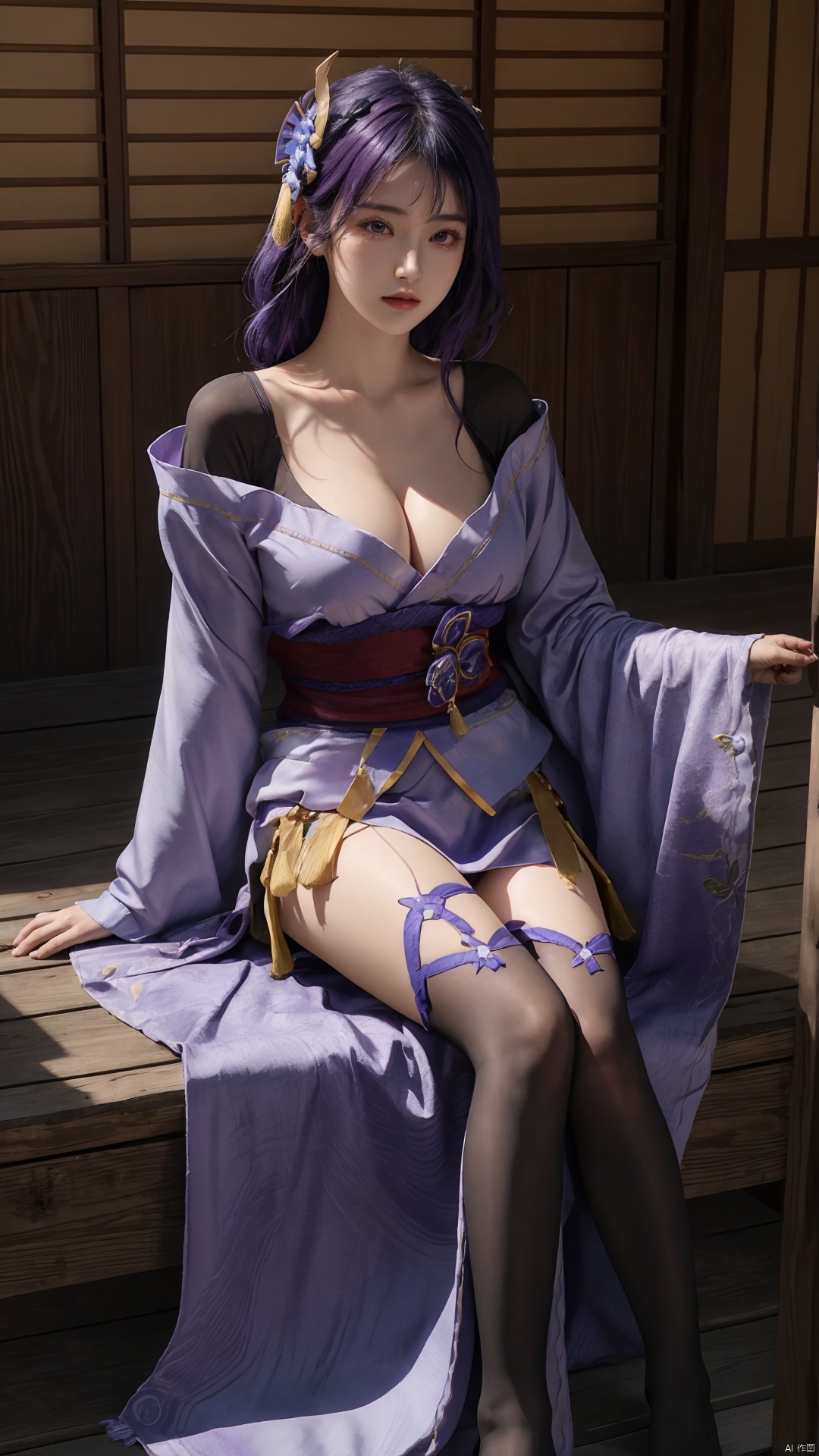  1girl,(cleavage), solo, long hair, breasts, looking at viewer, bangs, large breasts, hair ornament, thighhighs, long sleeves, ribbon, cleavage, closed mouth, purple eyes, purple hair, braid, flower, japanese clothes, black thighhighs, indoors, hair flower, wide sleeves, kimono, mole, lips, sash, mole under eye, obi, tassel, purple flower, shrug \(clothing\), purple kimono, obijime, obiage, raiden shogun, raidenshogundef,,,,,,,,,,,,,sexy,ray tracing,{best quality}, {{masterpiece}}, {highres}, original, extremely detailed 8K wallpaper, {an extremely delicate and beautiful},,incredibly_absurdres,colorful,intricate detail,backlight,lens flare,foreshortening,dynamic angle,high saturation,, Light master,