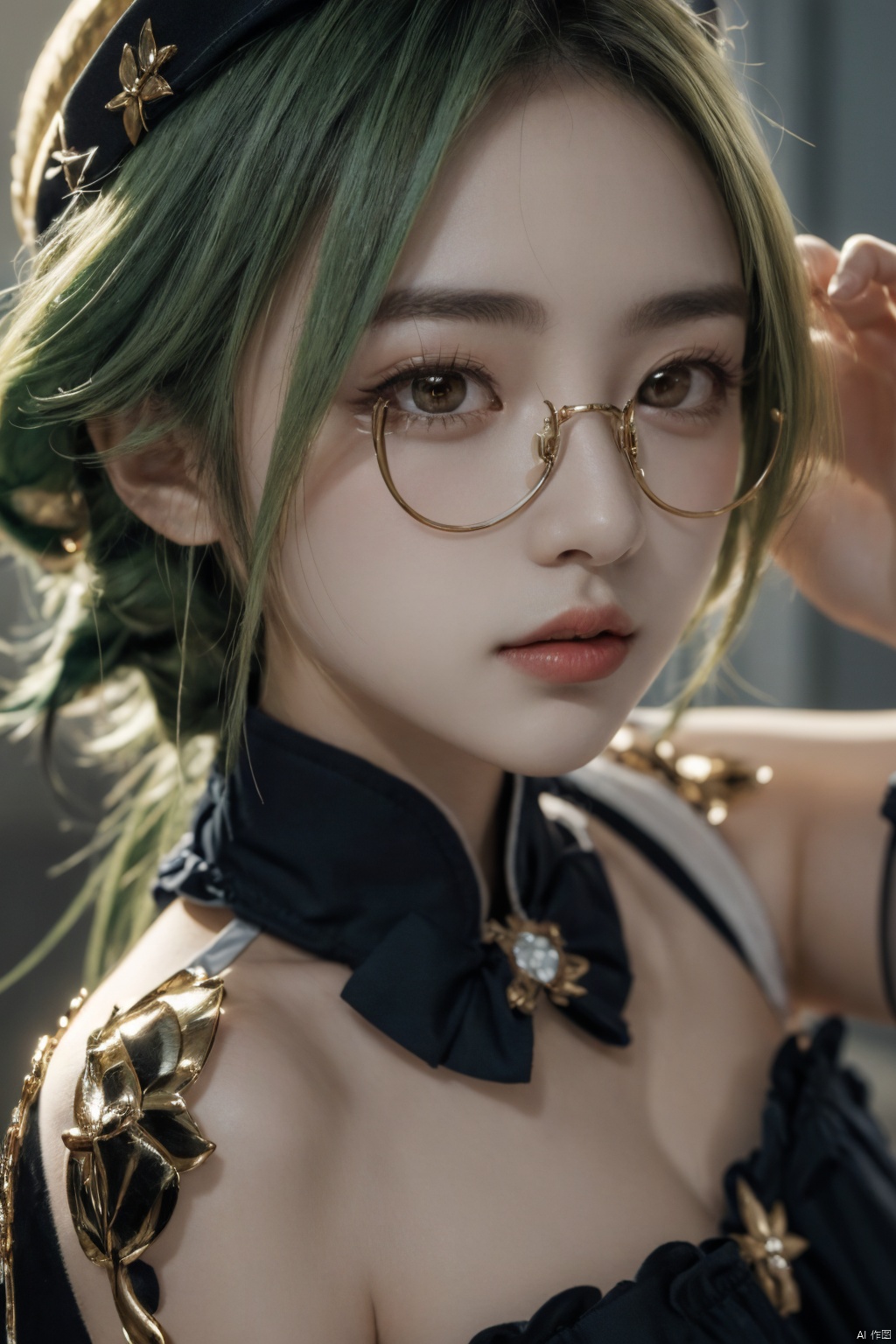  1girl,solo,,head ornament,green hair,long hair,(huge breasts:0.8),(black socks:1.2),(glasses),close-up shot,,,,,Dynamic hair, clearly visible hair filaments, , over-rim eyewear, Half-frame glasses, glasses,,,,,,,,,,,,,,,,,,,,,,,ray tracing,{best quality}, {{masterpiece}}, {highres}, original, extremely detailed 8K wallpaper, {an extremely delicate and beautiful},,,,,,,,,,,,,,,,,,,,,,,,,,,,, diaochan,diaochan_meiling, Light master, , , , , , , , , Anime