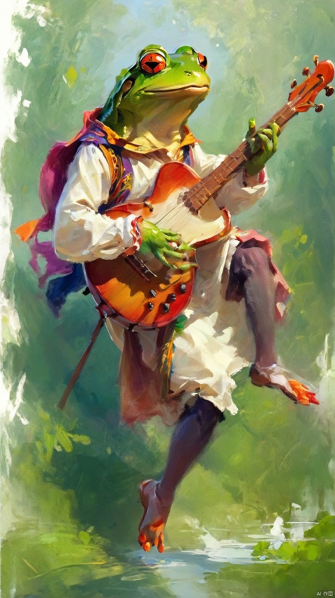 fantasy concept art, colorful 2D cartoon style, frog bard playing luth, dynamic pose, white background, brush strokes
