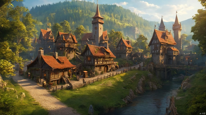 FantacyWorld,(Border Town near the forest:1.2),medieval style,adventurer town,environmental concept art,sc-fi,cg scene design,3D,large scene,epic feeling,strong contrast between light and dark,Realistic style,3D rendering,architectural photography,masterclass work,high quality,ultra-high details,8K,HD,