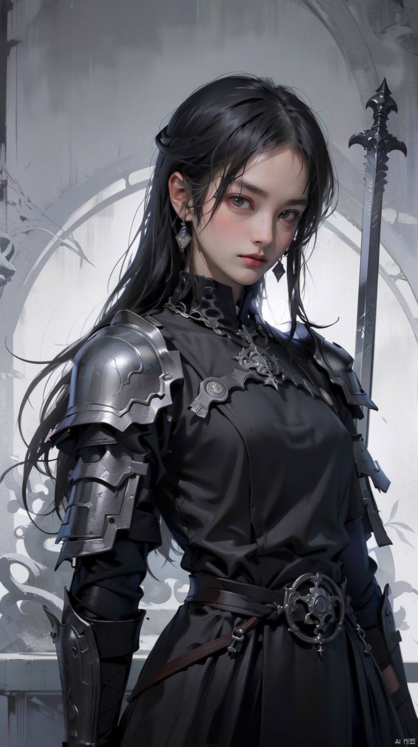 a beautiful female model figure holds two swords, one on the shoulder and one on the waist, wearing armor, with a black shadow on her head and red eyes, surrealism, medieval darkness, 