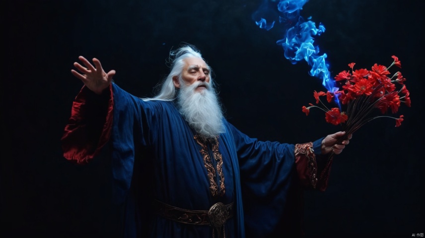an old wizard with white hair and beard, blowing red flowers out of his hand in the air, surrounded by swirling blue flame, unexpected alchemical reaction, black background, hyper realistic cinematic photography