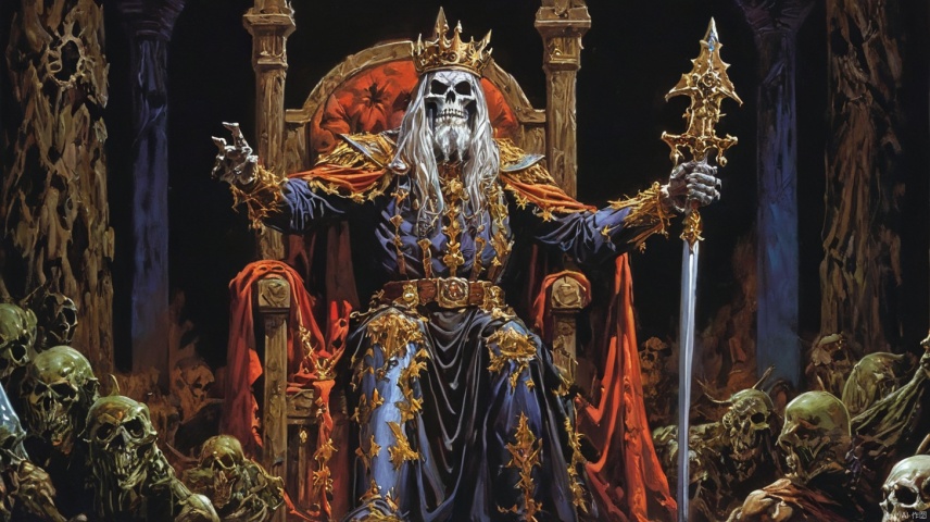  king Leoric,undead,art by Larry elmore,The scene is surreal,captured with a wide-angle lens in 8K high definition,rich in dark tones and filled with dynamic and spectacular energy, black background, monster