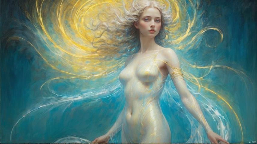  ancient being of light, ethereal humanoid figure with glowing white and blue body made out of energy waves, yellow line work, dark turquoise background, textured oil painting in the style of Edmund Charles Tarnell and in the style of Edgar Maxence and in the style of Roberto Ferri,complex details 16K,mature female,big_breasts 