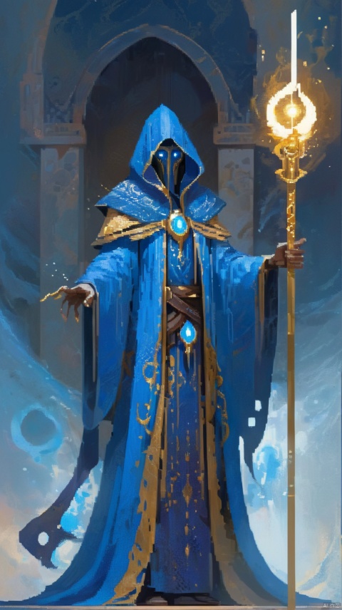  Numenera character concept art of a gothic figure in blue robes with gold accents, wielding staff imbued with magic mist, fingerprint pattern mask, grim dark fantasy, in the style of Halcyon450,怪物, horror (theme), monster, extremely detailed, (dynamic pose:1), pixel creature, Pixel style