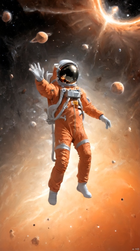 an astronaut floating in space, behind him is the black hole of galaxies and he has his hand on it as if trying to touch its event horizon,dark white and light orange, space art, detailed background elements,scifi, scifantasy, space opera,high resolution, ultra realistic, C4D style, HD, 32K