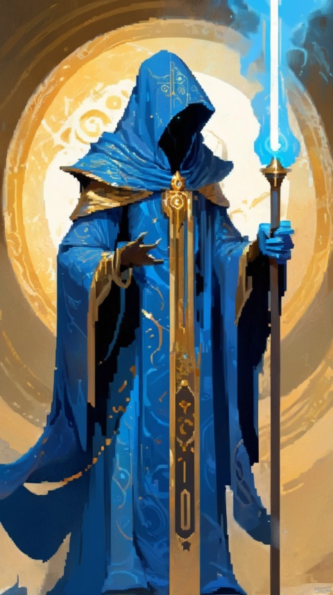  Numenera character concept art of a gothic figure in blue robes with gold accents, wielding staff imbued with magic mist, fingerprint pattern mask, grim dark fantasy, in the style of Halcyon450,怪物, horror (theme), monster, extremely detailed, (dynamic pose:1), pixel creature, Pixel style