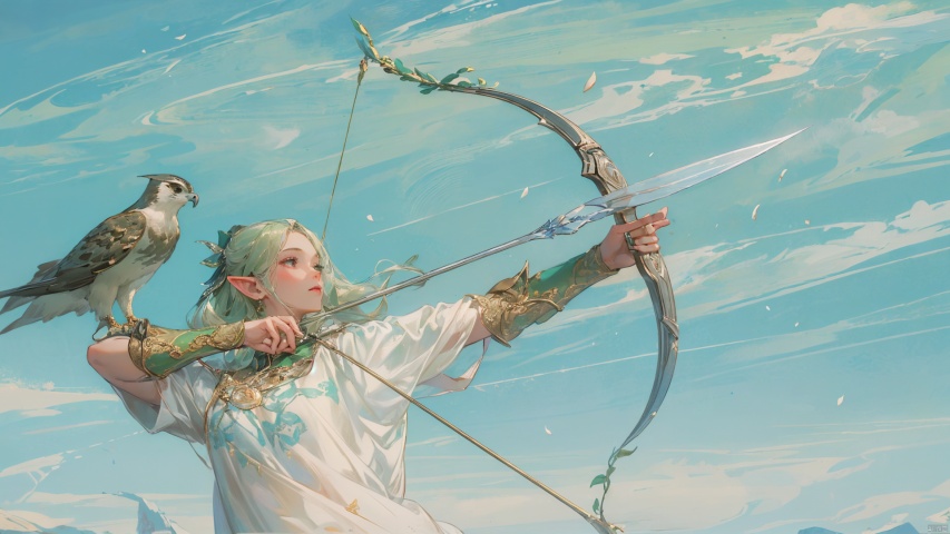 (masterpiece, top quality, best quality, official art, beautiful and aesthetic:1.2),best detailed,In the forest, a female elf bent her bow and set an arrow toward the distance. A falcon sat on her shoulder,close-up,(DND style:1.3), jingliu