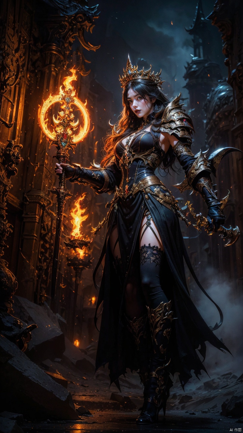 full body portrait of king Leoric,undead,holding warhammer,art by Larry elmore,The scene is surreal,captured with a wide-angle lens in 8K high definition,rich in dark tones and filled with dynamic and spectacular energy,art by Kojima Ayami,gothic sytle,(dynamic pose:1.3),
