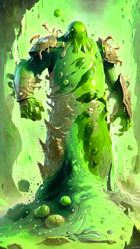  Character design, Huge, huge,the full-length,slime creatures, similar to Slimes, green,body surface attached to rune armor, Original painting, CG painting,Real, shooting effect,with splitting skills, social creatures, background unknown planet, space creatures, 32k