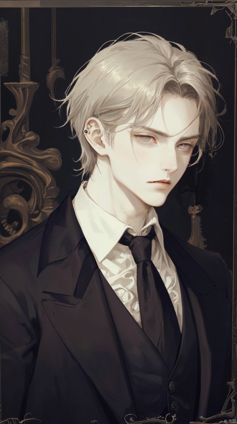 A portrait of a handsome, aristocratic vampire with striking features. He has pale, porcelain skin, piercing eyes, and a strong, chiseled jawline. His expression is one of refinement and mystery, conveying an aura of power and allure. He is dressed in a tailored, high-collared suit or cravat, exuding an air of sophistication and old-world charm. The background is dark and atmospheric, highlighting the vampire's otherworldly presence, art by Kojima Ayami, Gothic style