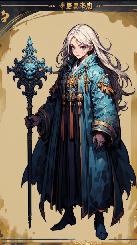  full body, solo, Numenera character concept art of a gothic figure in blue robes with gold accents, wielding staff imbued with magic mist, fingerprint pattern mask, grim dark fantasy, in the styleofHalcyon450,怪物, horror (theme), monster, extremely detailed, (dynamic pose:1), pixel creature, Pixel style, fantasy, qzcnhorror