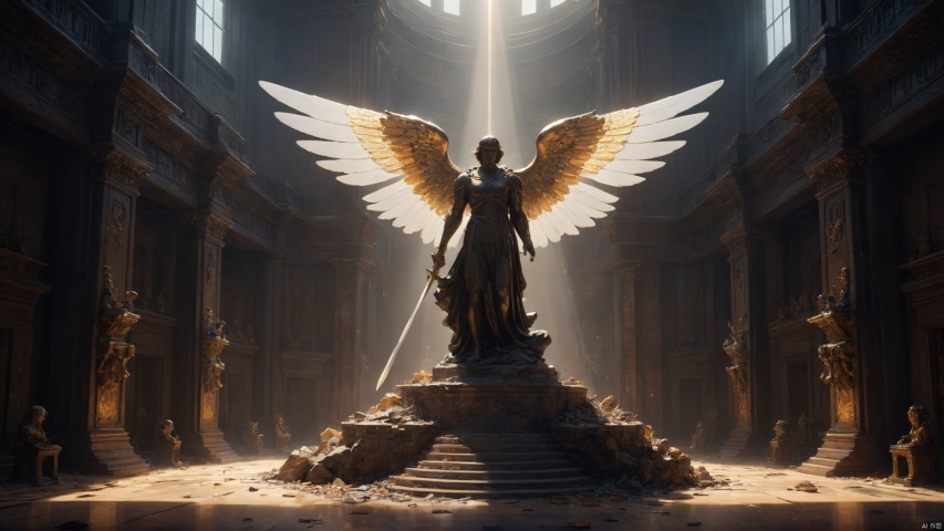masterpiece,best quality,(Floating, colossal, futuristic sword in the sky,The angel knelt under the sword:1.4),awe-inspiring and serene, in the style of Stuart Lippincott:2, with detailed composition and subtle geometric elements,This sanctuary-like atmosphere features crisp clarity and soft amber tones,(In contrast, tiny angel figures surround the sword:1.2),creating a sense of scale and tension against the grandness of the statue. The piece incorporates flowing draperies, reminiscent of Shwedoff and Philip McKay's styles, in the style of atmospheric photograms, black and white ink drawings, trompe-I'ceil illusionistic detail, fleeting brushstrokes, firecore, aerial view, bibliographic anomalies,(The quality of the movie is Kodak film:1.6), surrealism, asymmetry, high saturation, European classicism,line art,ivan shshkin,(DND style:1.3),best detail, bj_Devil_angel, BJ_debris, (UE5 epic scene), AngelicStyle