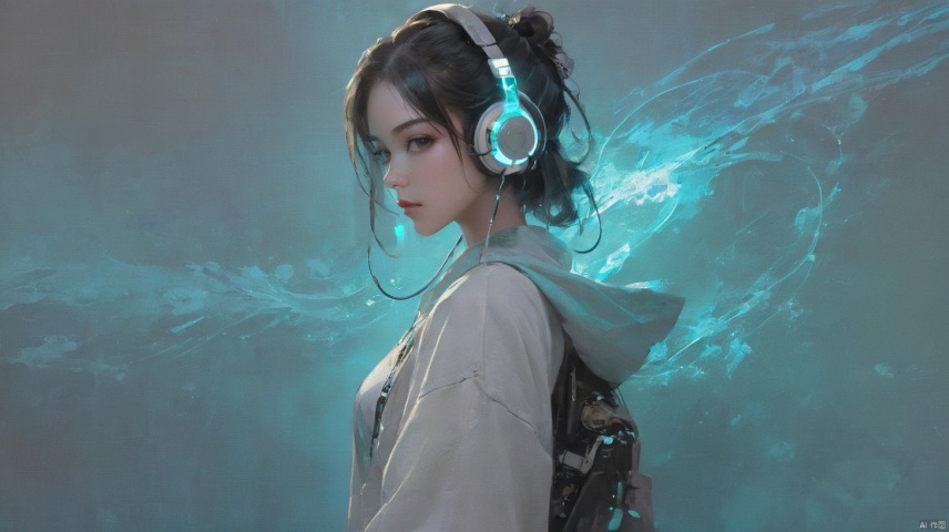1girl,full body,Cyberpunk,headset,Mechanical earphones,Luminous earphones,Fragmented mechanical jewelry,Transparent mask,Cyber fabric clothing,(Electronic screen background:1.2),Black and white gradient hair,Multi light point jewelry,Glow on both shoulders,High brightness contrast, science fiction