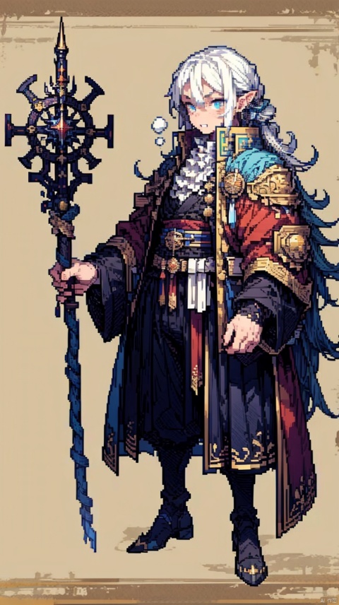 full body, solo, Numenera character concept art of a gothic figure in blue robes with gold accents, wielding staff imbued with magic mist, fingerprint pattern mask, grim dark fantasy, in the style of Halcyon450,怪物, horror (theme), monster, extremely detailed, (dynamic pose:1), pixel creature, Pixel style, fantasy, qzcnhorror, Darkness, ais-crsd