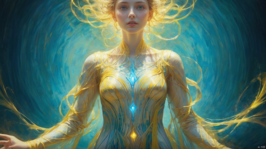  ancient being of light, ethereal humanoid figure with glowing white and blue body made out of energy waves, yellow line work, dark turquoise background, textured oil painting in the style of Edmund Charles Tarnell and in the style of Edgar Maxence and in the style of Roberto Ferri,complex details 16K,mature female,big_breasts 