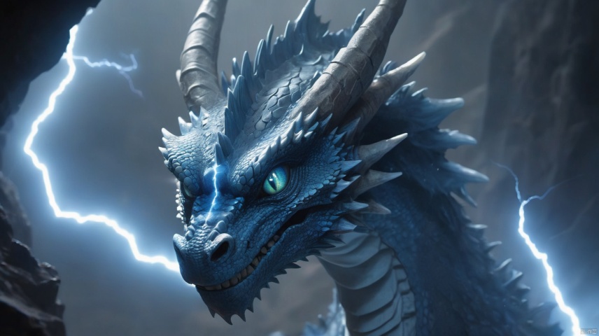  A detailed front headshot of a blue dragon, surrounded by an aura of crackling lightning. Its snout and eyes are sharp and focused, with an electric aura in a dimly lit desert cave. The atmosphere is tense and mystical. hd quality, natural look