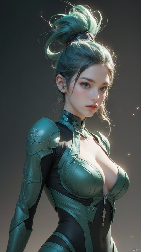  A warrior in the form of a soul, his whole body emits green light, his whole body is translucent, digital particles, surrealism, high quality, 3D model, game assets, ultra-detailed, surreal style, 3D rendering Unreal Engine 5 style,big_breasts,dynamic pose, G-taste