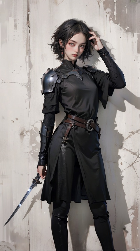a beautiful female model figure holds two swords, one on the shoulder and one on the waist, wearing armor, with a black shadow on her head and red eyes, surrealism, medieval darkness, 