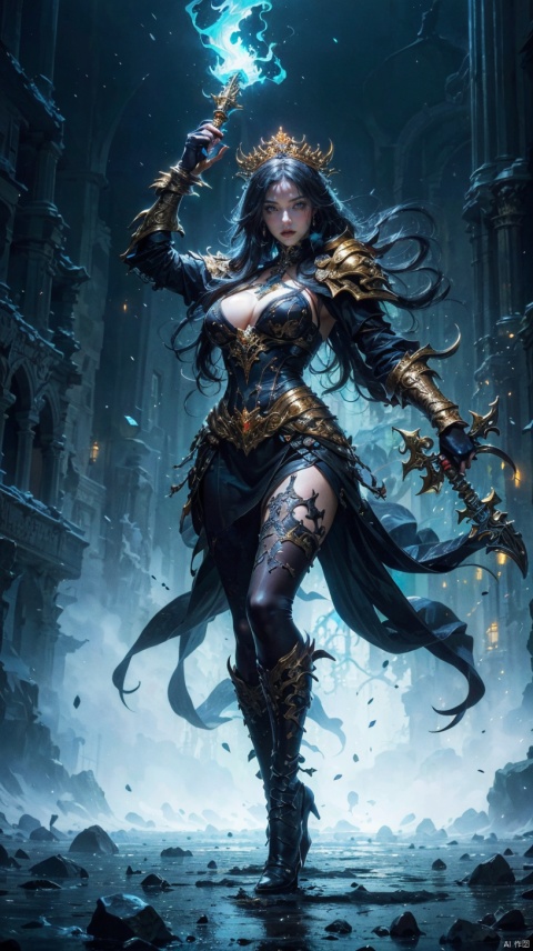 full body portrait of king Leoric,undead,holding warhammer,art by Larry elmore,The scene is surreal,captured with a wide-angle lens in 8K high definition,rich in dark tones and filled with dynamic and spectacular energy,art by Kojima Ayami,gothic sytle,(huge breasts:1.2),(dynamic pose:1.3),