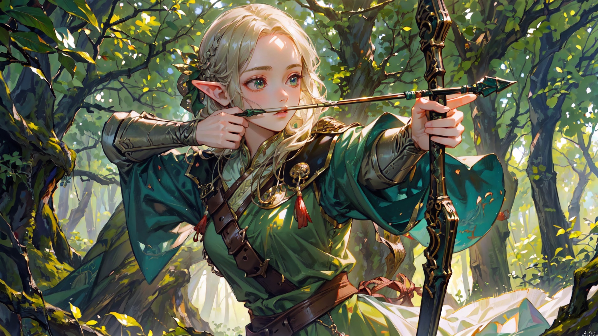 (masterpiece, top quality, best quality, official art, beautiful and aesthetic:1.2),best detailed,In the forest, a female elf bent her bow and set an arrow toward the distance. A falcon sat on her shoulder,close-up,(DNDstyle:1.3),jingliu,寮�, ((poakl))