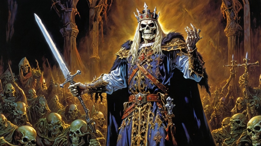 king Leoric,undead,art by Larry elmore,The scene is surreal,captured with a wide-angle lens in 8K high definition,rich in dark tones and filled with dynamic and spectacular energy, black background, monster