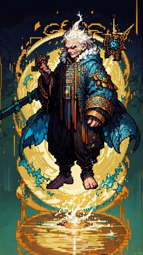 full body, solo, Numenera character concept art of a gothic figure in blue robes with gold accents, wielding staff imbued with magic mist, fingerprint pattern mask, grim dark fantasy, in the style of Halcyon450,怪物, horror (theme), monster, extremely detailed, (dynamic pose:1), pixel creature, Pixel style, fantasy, qzcnhorror