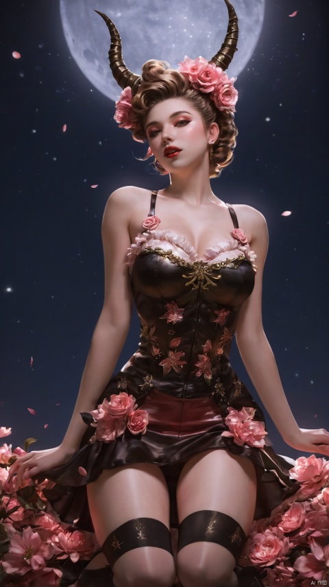 moonlight,pinup girl pose, (From below:1.3),aesthetic, dramatic angle, unique perspective,  (solo:1.2), thighhighs,sleeveless,shirts,oni horns,
glowing petals,flowers,1girl,half_updo,big breasts,Hands behind head,delicate and smooth skin, blush, thighs, highly detailed, glossy lips, concept art, expressiveH, 89,DDINGU, clay style
