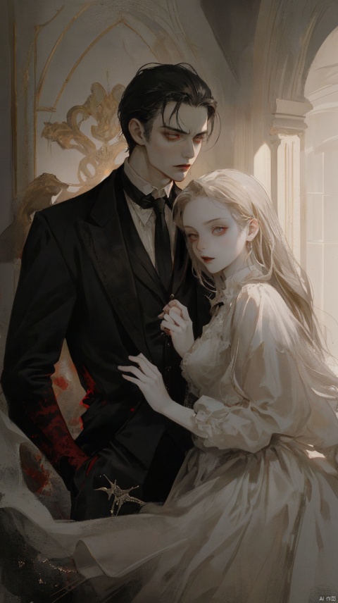 A portrait of a beautiful, aristocratic vampire girl with striking features. she has pale, porcelain skin, Her expression is one of refinement and mystery, conveying an aura of power and allure. she is dressed in a tailored, high-collared suit or cravat, exuding an air of sophistication and old-world charm. The background is dark and atmospheric, highlighting the vampire's otherworldly presence.