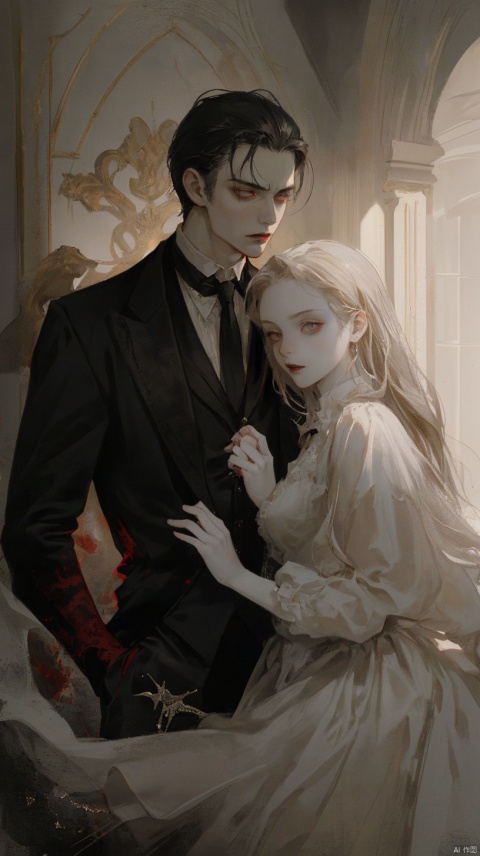 A portrait of a beautiful, aristocratic vampire girl with striking features. she has pale, porcelain skin, Her expression is one of refinement and mystery, conveying an aura of power and allure. she is dressed in a tailored, high-collared suit or cravat, exuding an air of sophistication and old-world charm. The background is dark and atmospheric, highlighting the vampire's otherworldly presence.