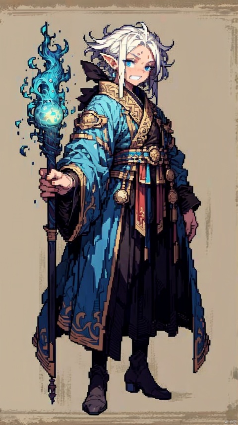 full body, solo, Numenera character concept art of a gothic figure in blue robes with gold accents, wielding staff imbued with magic mist, fingerprint pattern mask, grim dark fantasy, in the style of Halcyon450,怪物, horror (theme), monster, extremely detailed, (dynamic pose:1), pixel creature, Pixel style, fantasy, qzcnhorror, Darkness, ais-crsd