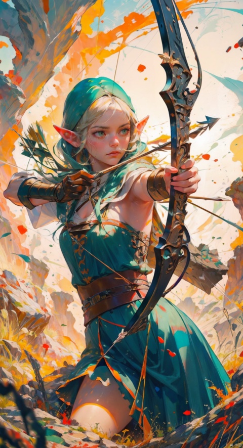 on the shoulder of the elven huntress is a magnificent falcon, she wields a finely crafted longbow, its string taut with a creak, arrows poised silently within the quiver, awaiting release, rich colors,Gothic style,movie lighting,God Ray,best quality,Ultra HD,depth of field,big scenes,寮�