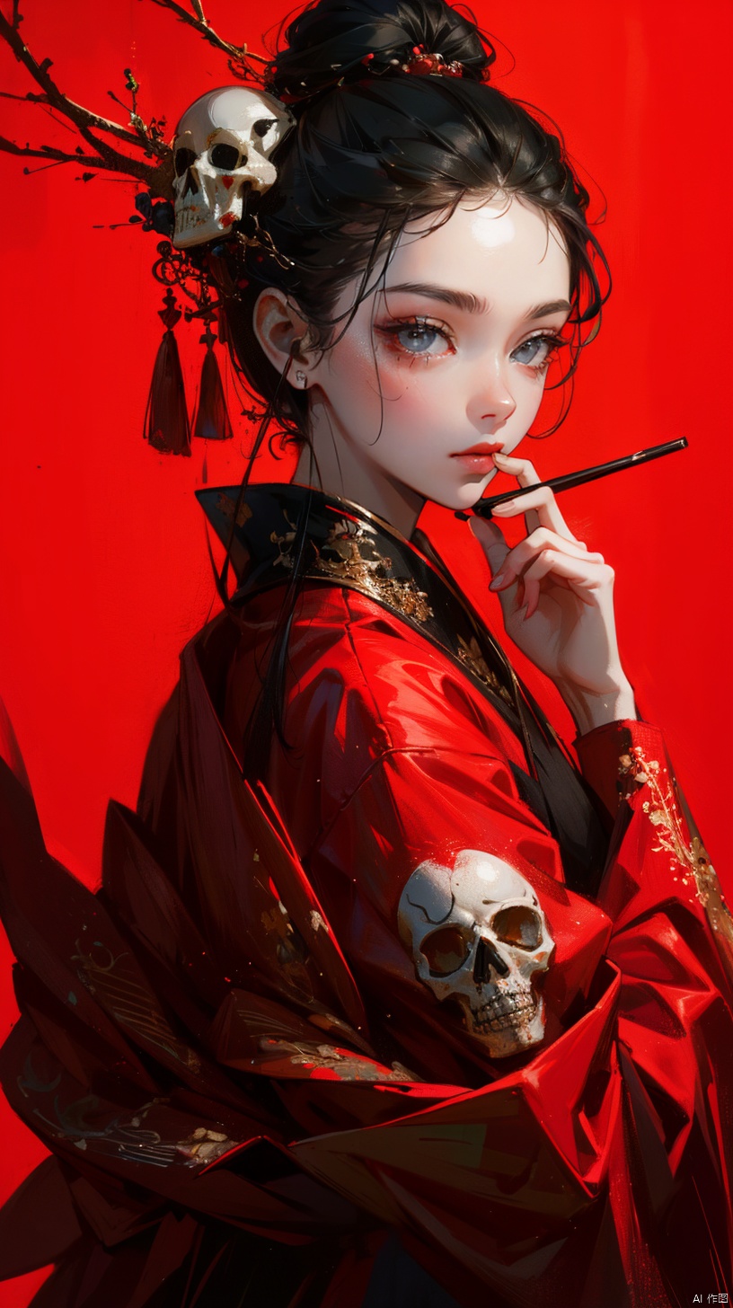  1girl, solo, long hair, looking at viewer, black hair, hair ornament, long sleeves, holding, upper body, parted lips, japanese clothes, hand up, hair bun, from side, makeup, single hair bun, red background, skull, red lips, hair stick, red theme, skull hair ornament